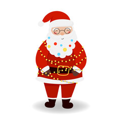 Vector illustration of cute Santa Claus with garlands in a flat style, isolated on a white for festive designs of banners, covers, advertisements, greeting cards. Concept of Christmas and New Year