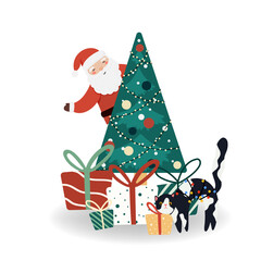 Santa Claus with Cat, Christmas tree, gift boxes in flat style. Vector illustration isolated for holiday designs of banner, cover, advertisement, greeting card. Concept of Christmas and New Year