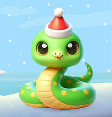 Cute New Year 3D snake, postcard 2025, symbol of the new year, against the backdrop of winter nature with snow