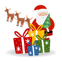 Santa Claus with Reindeer and gift in flat style, isolated for holiday designs banner, cover, advertisement, greeting card. Vector illustration of Christmas. Concept of Christmas and New Year