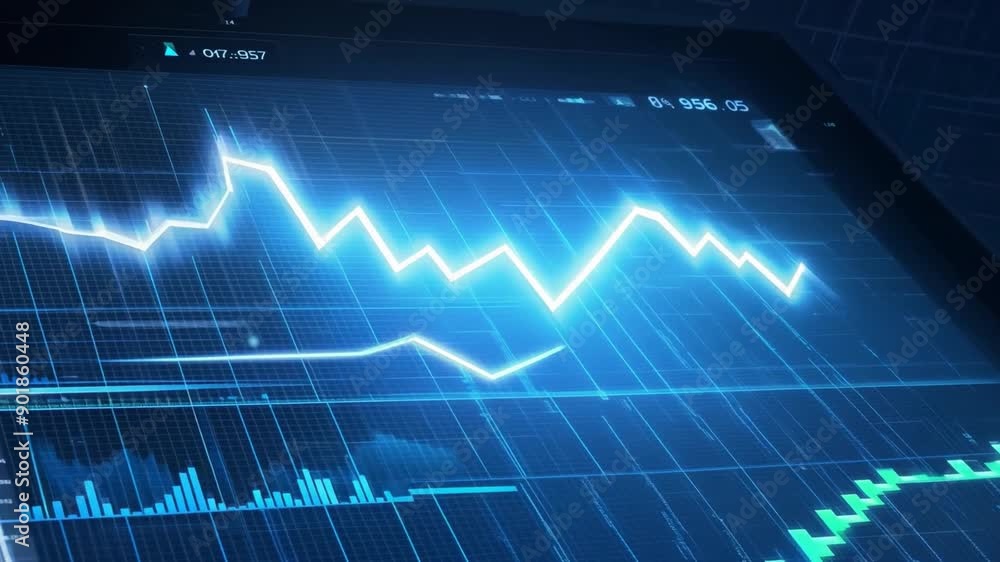 Aufkleber a digital display shows a blue graph with fluctuating lines representing stock market activity.