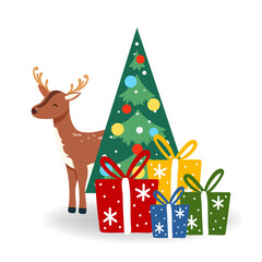 Naklejka premium Vector illustration of Christmas. Santa's Reindeer with gift, Christmas tree in flat style, isolated for holiday designs banner, cover, advertisement, greeting card. Concept of Christmas and New Year
