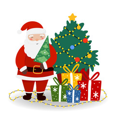 Vector illustration Santa Claus with Christmas tree and gift boxes in flat style, isolated for holiday designs of banner, cover, advertisement, greeting card. Concept of Christmas and New Year