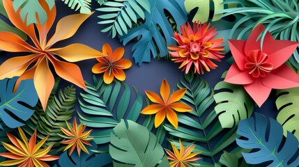 Naklejka premium Vibrant Imagination with Paper Art Collage of Colorful Flowers and Leaves on Dark Background