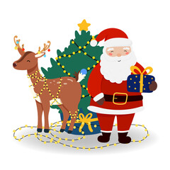 Santa Claus with Reindeer and gift in flat style, isolated for holiday designs banner, cover, advertisement, greeting card. Vector illustration of Christmas. Concept of Christmas and New Year