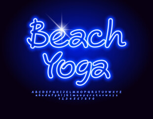 Vector bright sign Beach Yoga. Electric Blue Font. Handwritten Neon Alphabet Letters and Numbers set.