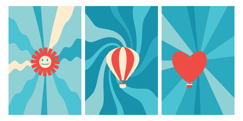Obraz premium Retro style summer sky posters collection. Perfect for celebration, branding, banner, cover, label, card, sale. Vector template set.