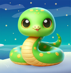 New Year's card with a snake. Festive illustration with a 3D character who is a symbol of the new year 2025
