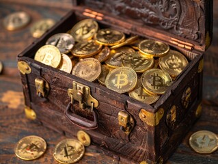 An ancient chest with bitcoins in the form of coins. AI generated