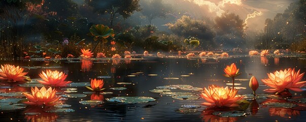 Fototapeta premium Enchanting Dreamscape with Glowing Lotus Flowers on a Serene Pond at Dusk, Capturing a Magical and Ethereal Atmosphere