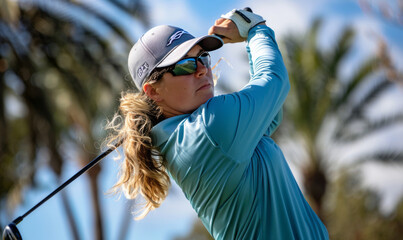 a lady golfer preparing to to swing golfing.generative ai