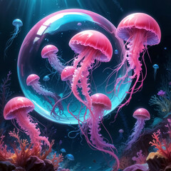 Obraz premium Colorful jellyfish-like creatures floating in a surreal underwater environment