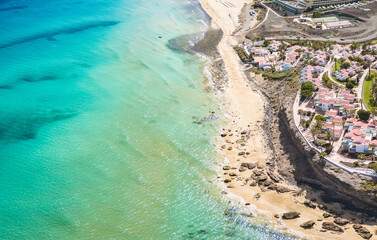 Aerial views of Butihondo and Jandia beach, Fuerteventura, Canary Islands
