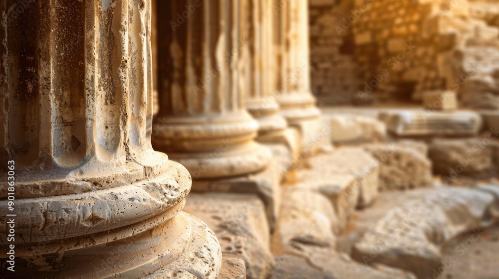 Poster ancient column ruins with blurred background and space for text