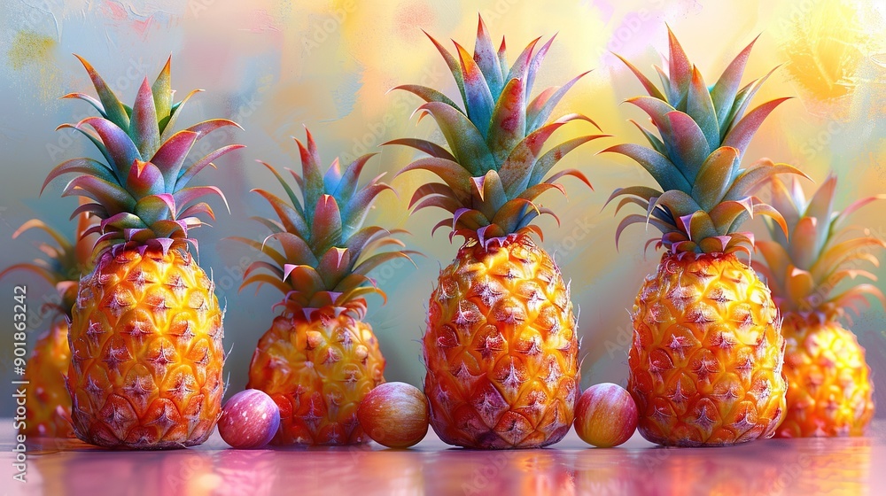 Poster a table with a cluster of pineapples and adjacent eggs on top of it