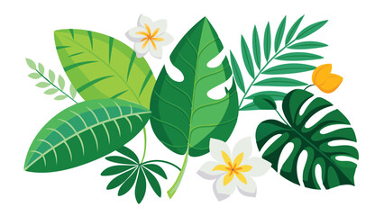 Fototapeta premium Tropical leaves. Cartoon jungle exotic palm plants and flowers. Banana, philodendron, plumeria, monstera leaf isolated on white background. Floral element vector set 