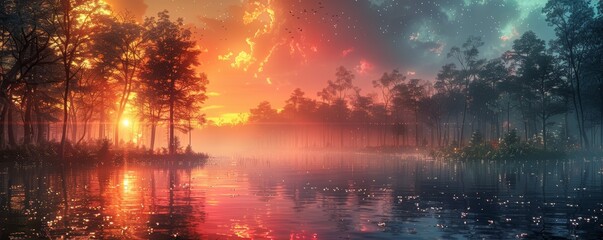 Fototapeta premium Enchanting Dreamscape: Surreal Sunset Over Mystical Forest Lake with Vibrant Colors and Ethereal Atmosphere