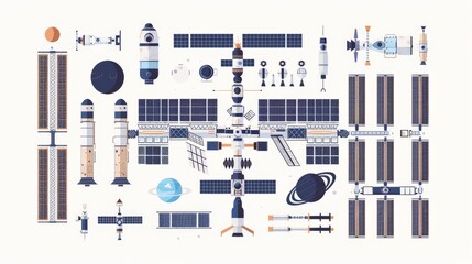 International Space Station, educational space elements, flat design illustration, realistic, isolated on white background