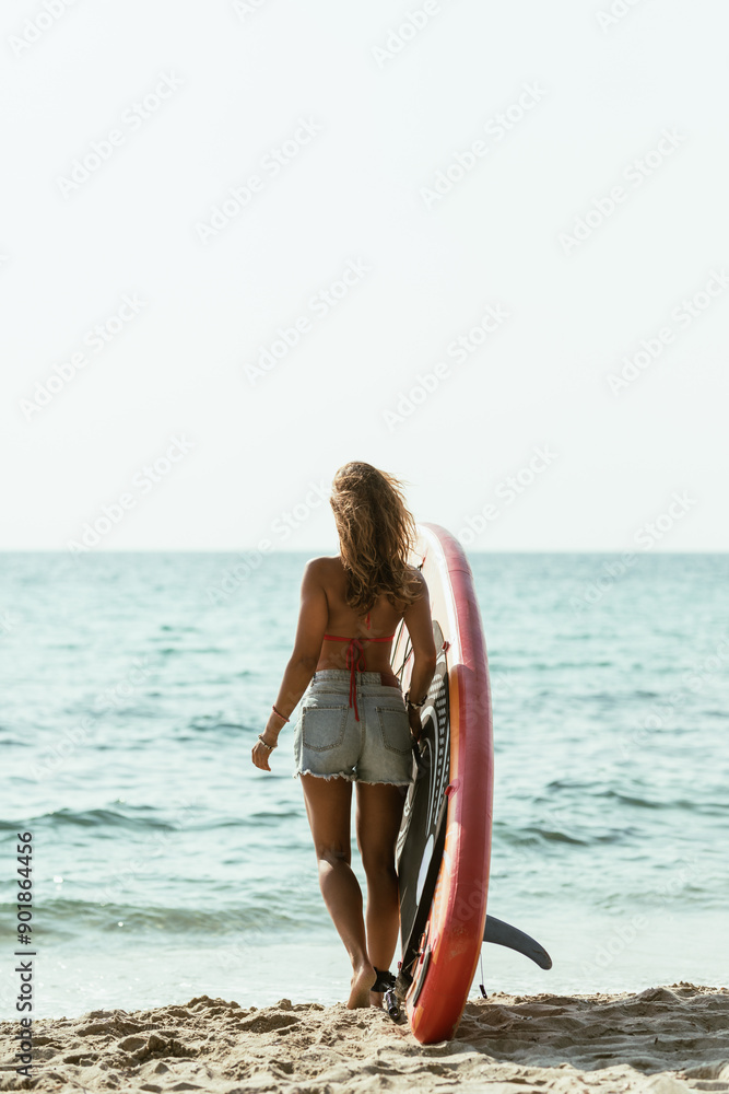 Sticker Woman With Paddle Board at the Beach