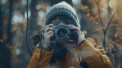Amateur photographer using an antique camera to frame a picture with a thoughtful expression in a classic setting
