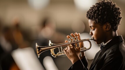 Talented Student Jazz Musician Playing Trumpet in School Band at Musical Performance