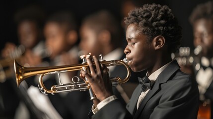 Obraz premium Young Student Jazz Trumpeter Performing in After-School Music Band