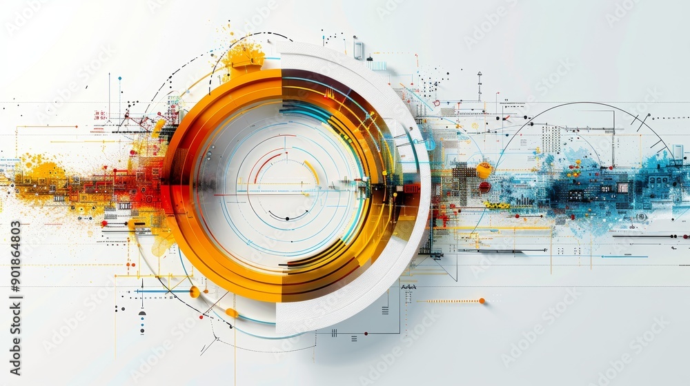 Wall mural innovative big data technology and cyber security concept with paper art elements and abstract digit