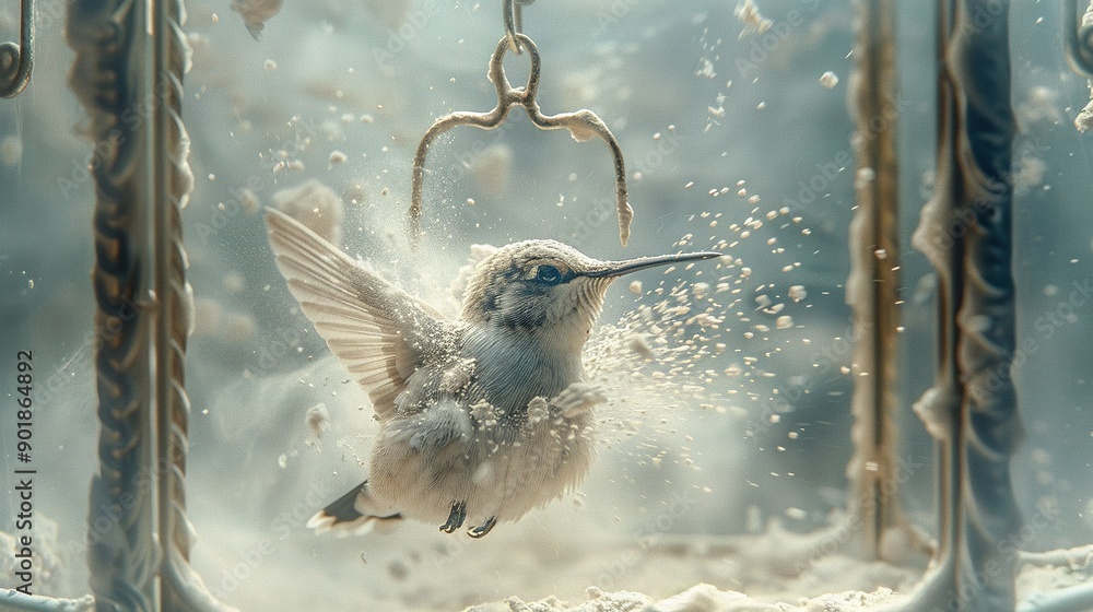 Poster a bird soaring alongside a metallic framework with a suspended avian companion dangling from its rea