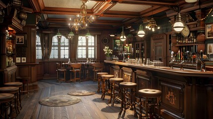 Classic British pub interior with rich wooden paneling, antique bar accessories, and a nostalgic bar scene setting