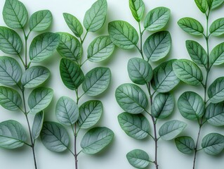 Obraz premium Green leaves arranged in a pattern on a white background