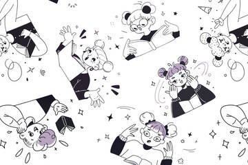 Doodle repeating pattern featuring kids reading books in various poses with different expressions in pastel colors. Ideal for educational textiles, wallpapers, and backgrounds.