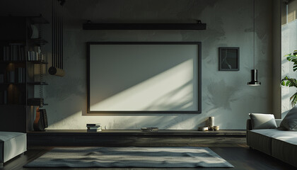 Modern living room with floating shelves with empty frame