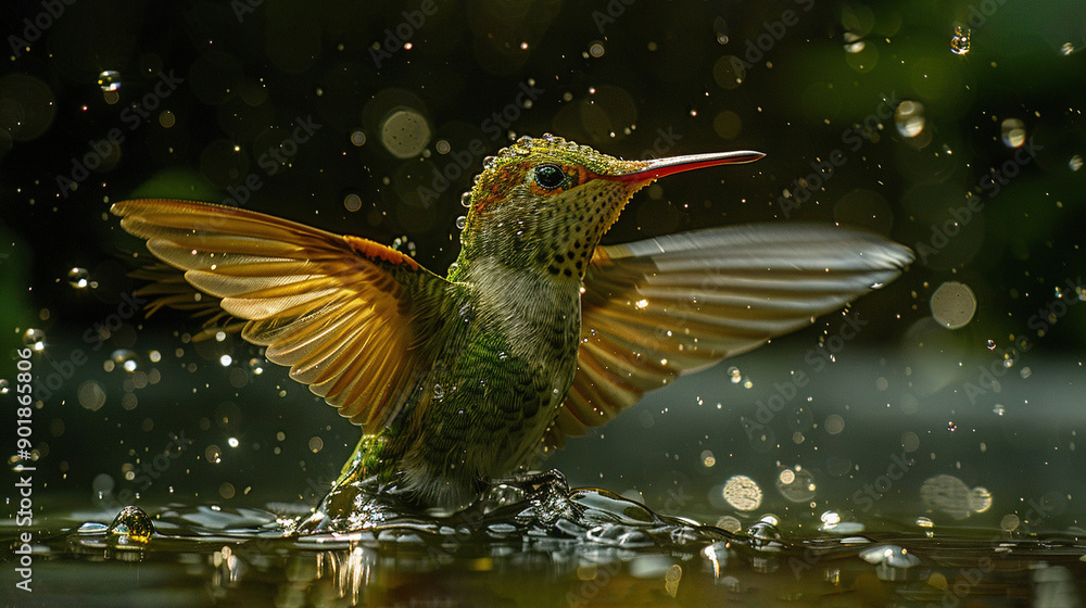 Aufkleber a hummingbird flaps its wings as it rests in a pool of water, with droplets splashing onto the groun