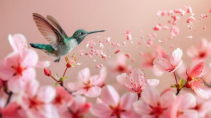   A hummingbird gracefully flies above pink blossoms, its wings adorned with water droplets, while a serene body of water lies in the backdrop