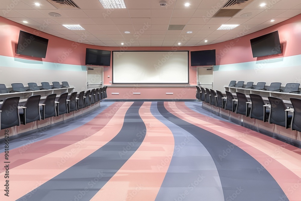 Poster modern conference room with curved seating large screen and bright lighting creating a dynamic and p