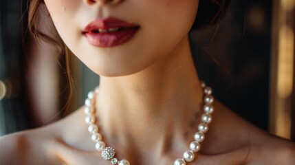 A close-up of a woman wearing a pearl necklace