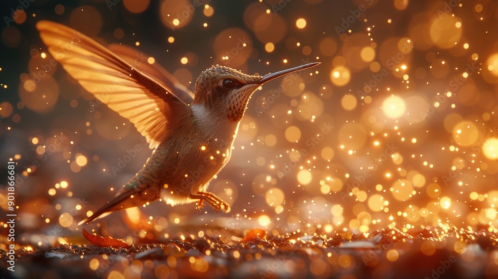 Poster a detailed image of a bird soaring with spread wings against a backdrop of illumination
