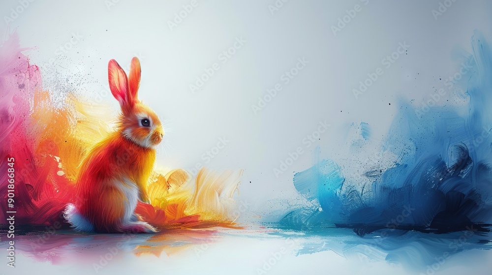 Poster a painting of a rabbit in front of a vibrant splashed-colored backdrop