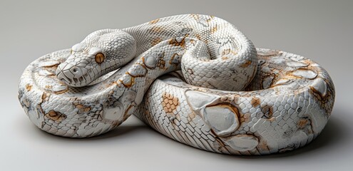 Obraz premium White and brown patterned python coiled up, showcasing detailed scales.