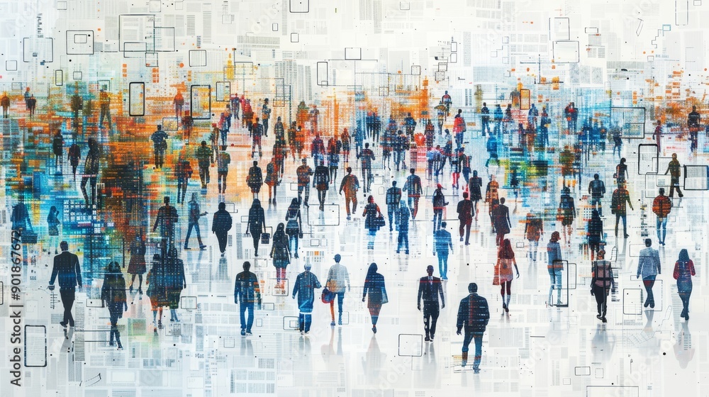 Wall mural innovative big data technology and cyber security concept in paper art style with diverse crowd and 