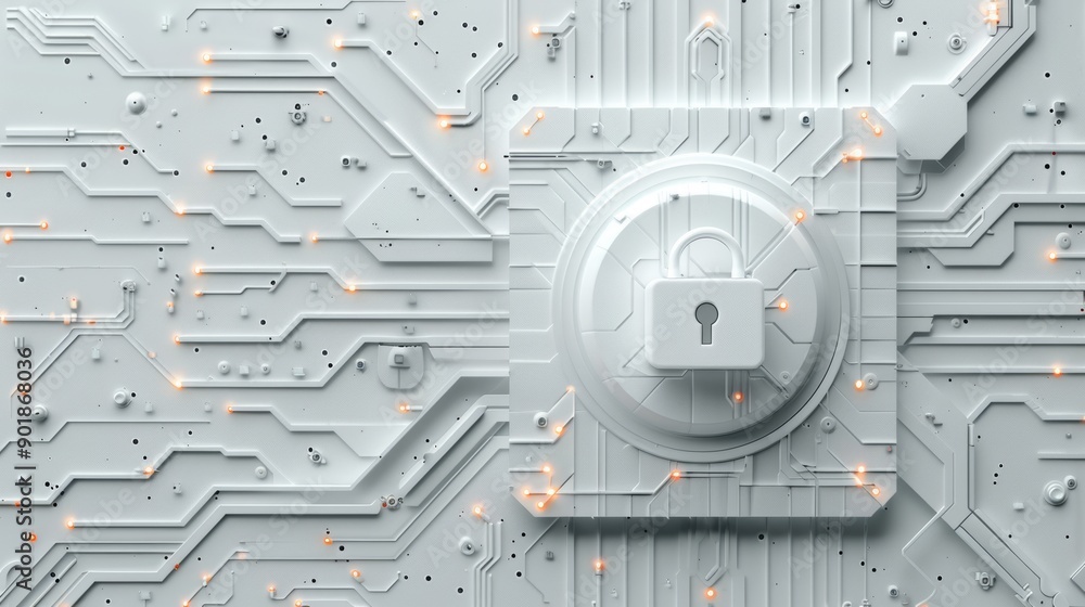 Wall mural big data technology and cyber security concept with paper art style circuit board and lock symbol