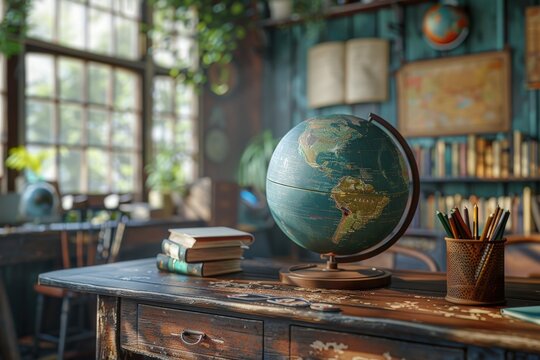 A cozy, sunlit study room with a vintage wooden desk, a decorative globe highlighting South America, stacks of books, and a window view of lush greenerysunlit