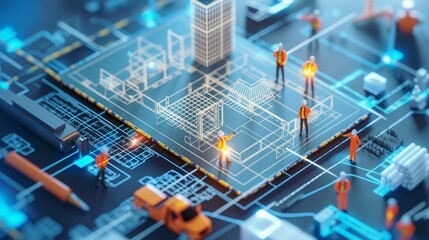 Fototapeta premium Miniature Engineers Working on Digital Circuit Board with Architectural Blueprint Overlay