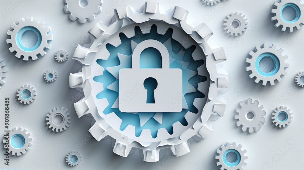Wall mural big data technology and cyber security concept with paper art style gears and lock symbol for digita