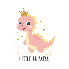 Princess dino card template. Cute dinosaur fairy, baby sweet poster. Scandinavian style animal