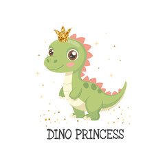 Princess dino card template. Cute dinosaur fairy, baby sweet poster. Scandinavian style animal