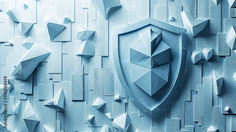 Wall mural big data technology and cyber security concept with paper art shield and geometric shapes