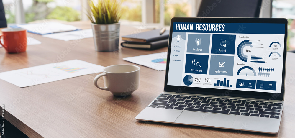Poster human resources management software on computer screen helping human resources employee to manage re