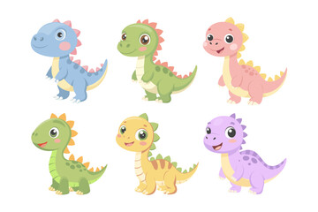 Cute Baby Dinosaurs Set. Little Cute Dinosaur Characters. Fairytale Monsters. Stickers, Badges, Prints