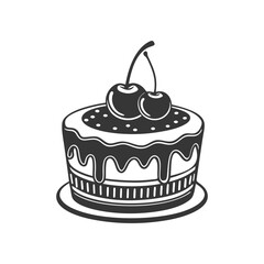 Cherry cake on white background, engraving, silhouette. Black and white illustration of dessert, pastry, food icon